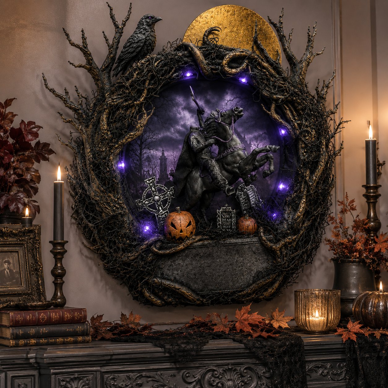 🦇Gothic Handcrafted Headless Horseman Mini Wreath With LED Purple Lights🎃