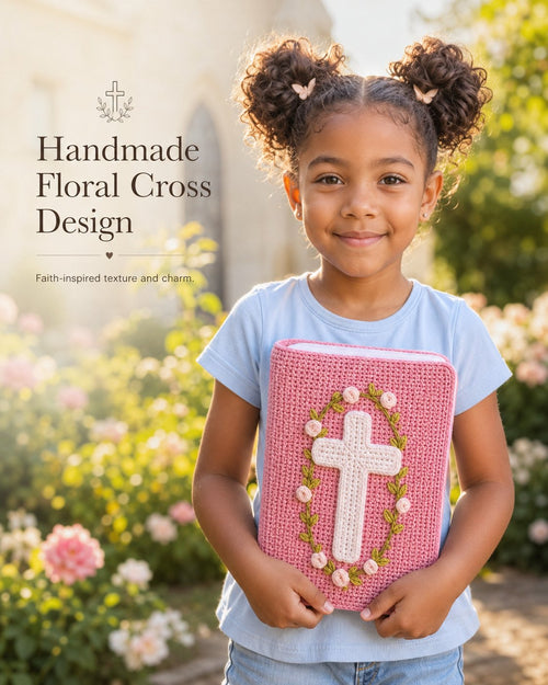 ✝️ Handmade Crochet Bible Cover with Floral Cross | Soft Protective Book Sleeve with Wrap Tie for Bibles, Prayer Books & Christian Gifts 🌸
