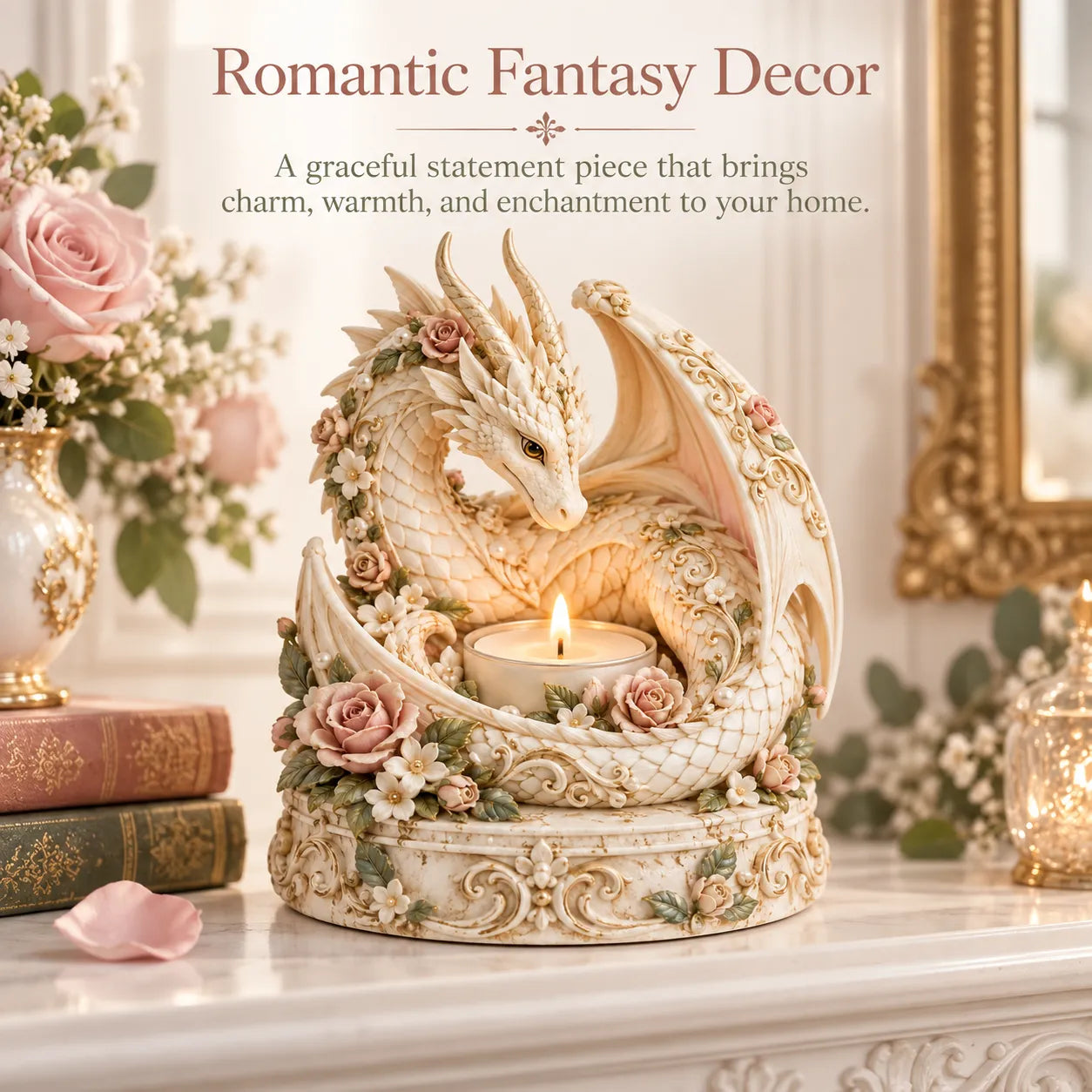 🐉 Floral White Dragon Tea Light Candle Holder
