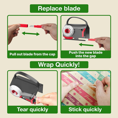 Dual Use Gift Wrap Cutter Tape Dispenser Kit, Portable Sliding Wrapping Paper Slicer, Replacement Blades Included, Household Office Gift Packaging Cutting Tool