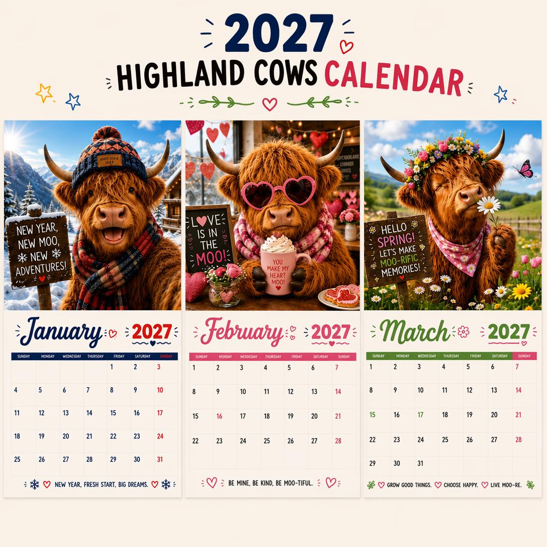 🔥 Hot Calendar Deal—🎁 2027 Funny Highland Cow Wall Calendar 🐮 | Gift for Cow Lovers
