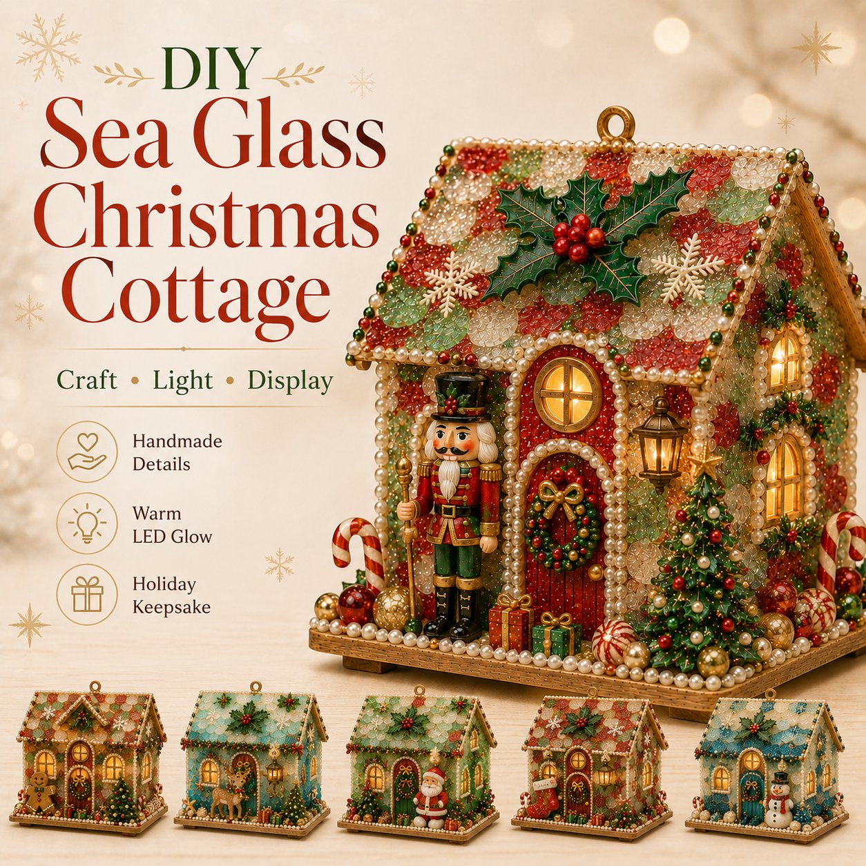 ⏳ Last Day 49% OFF – 🏡 Beginner-Friendly DIY Glowing Coastal Glass-Style Christmas Cottage Kit Collection | Complete Kit with Sea Glass-Style Pieces, Pearl Beads & Step-by-Step Guide Included 💕
