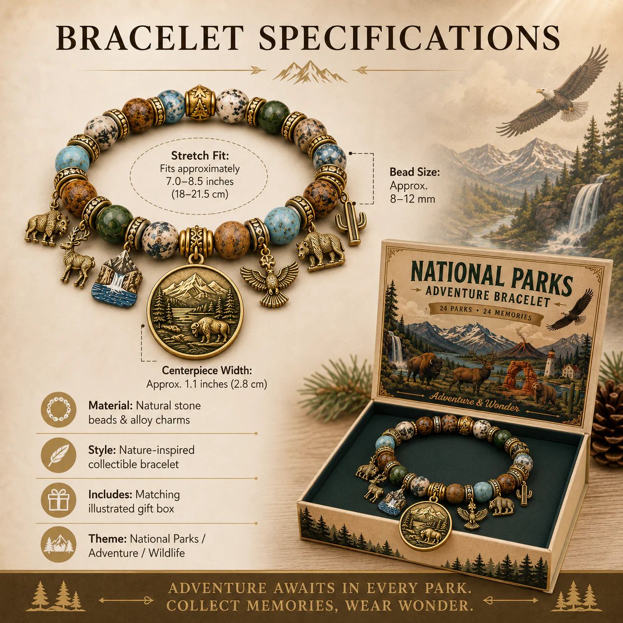 🐻🏞️National Nature Park Faith Bracelet – Meaningful Vintage Nature & Wildlife Souvenir Bracelet