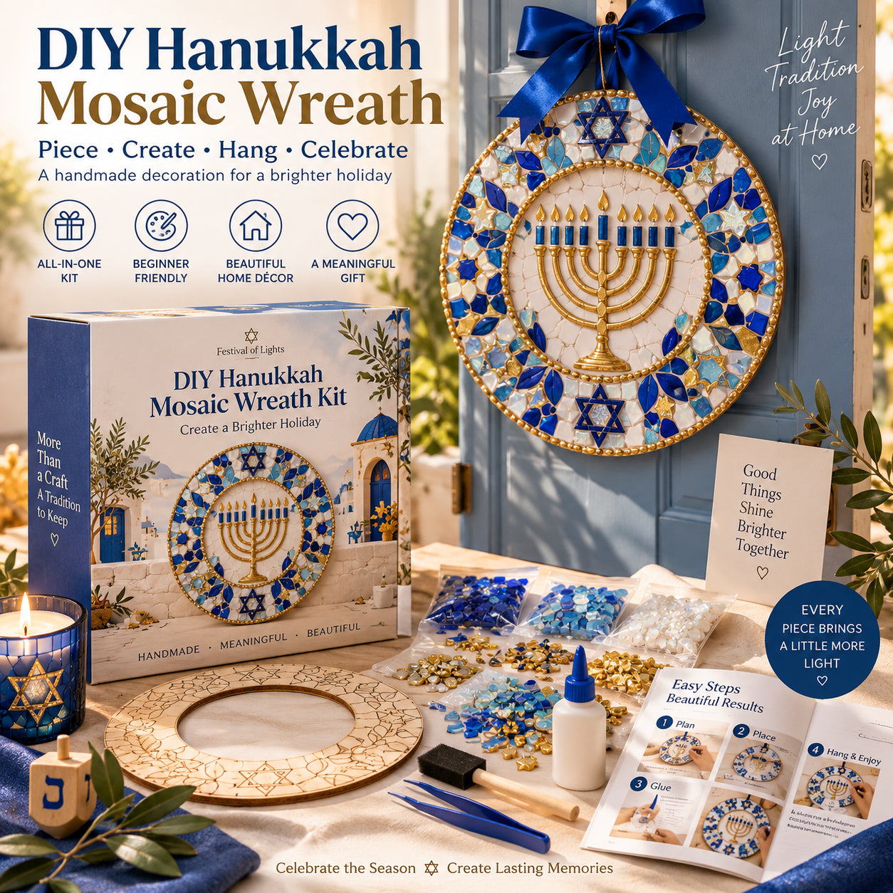 🕎 DIY Hanukkah Mosaic Wreath Kit – 6 Festive Designs for Holiday Home Décor