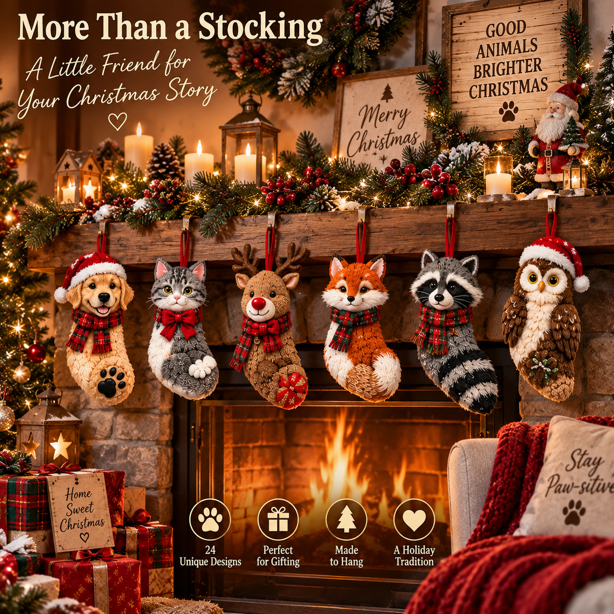 Holiday mantel styling with dog, cat, reindeer, fox, raccoon and owl stocking-shaped decorations.