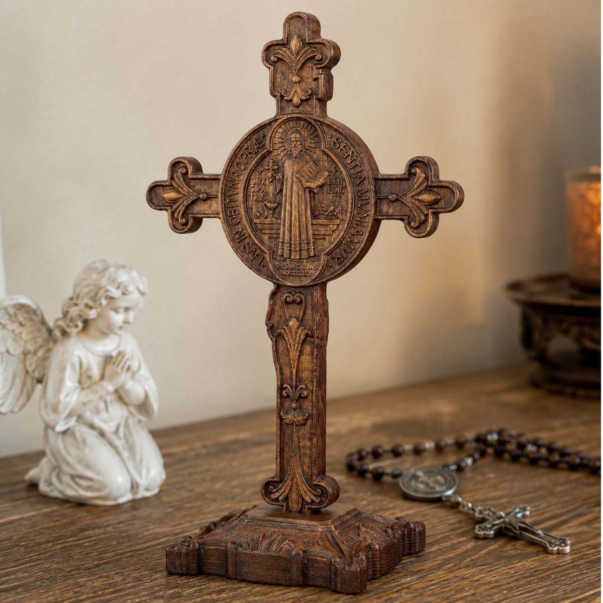 Hand-Carved Beechwood Saint Benedict Crucifix – Double-Sided Christian Standing Cross