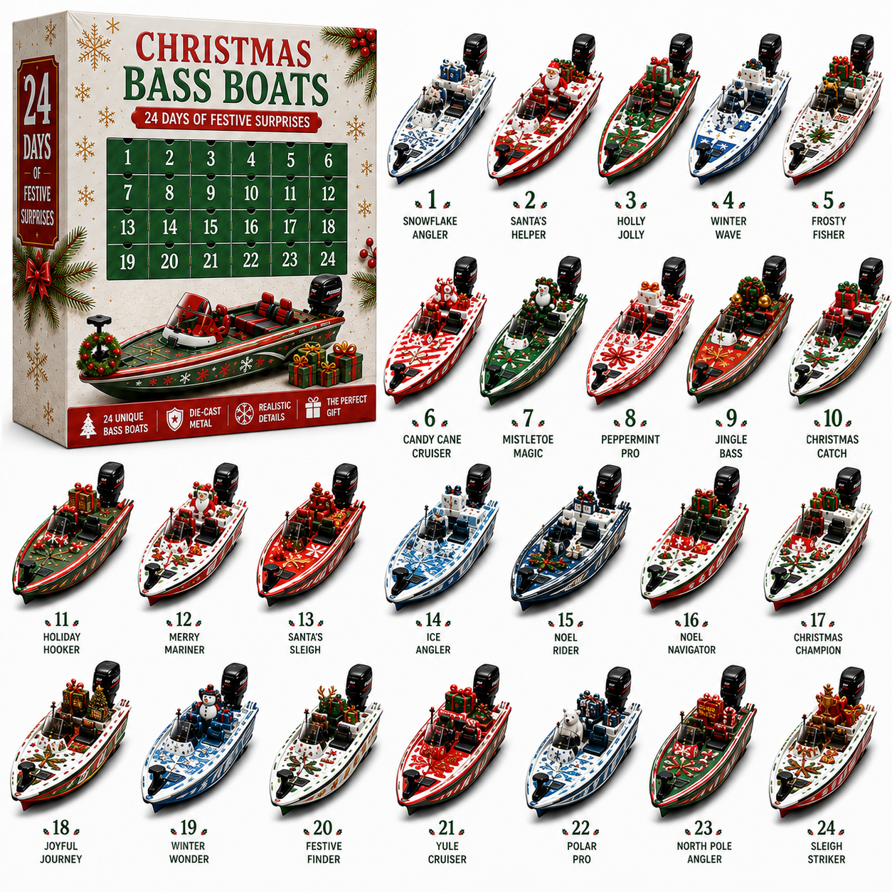 🚤24-Day Bass Boat Advent Calendar – Christmas & Halloween Collectible Boat Edition