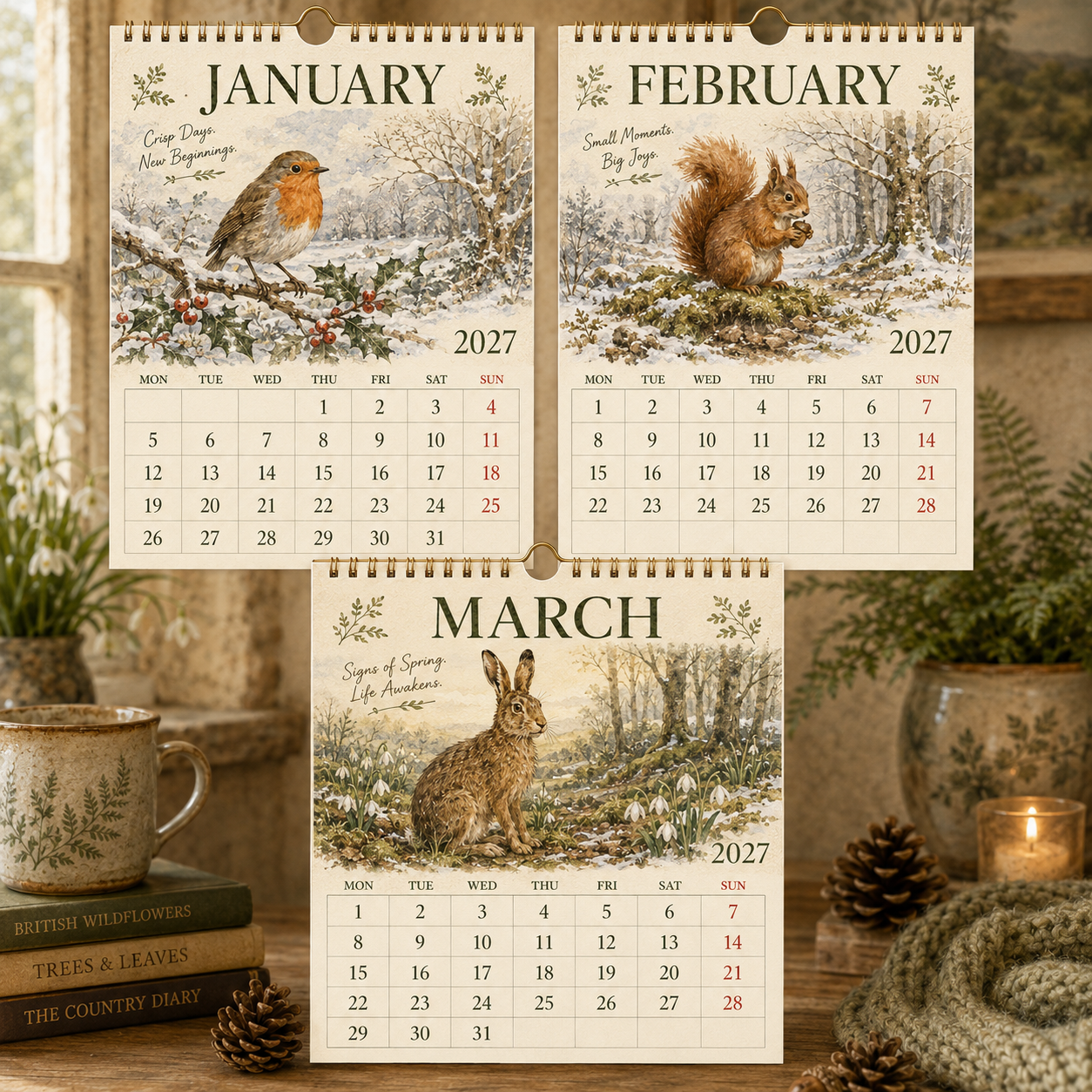 2027 British Woodland Calendar – A4 Wildlife Hanging Calendar