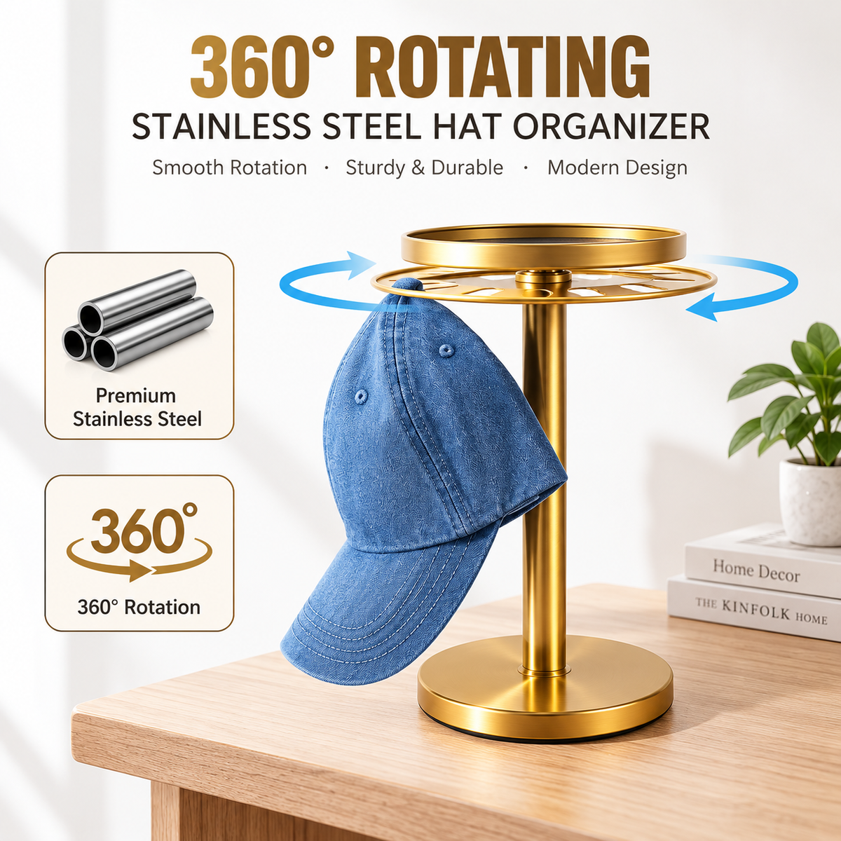360° Rotating Baseball Cap Organizer with Storage Tray