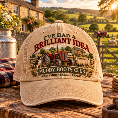 🚜 Muddy Boots Club™ – “I’ve Had a Brilliant Idea” Vintage Farm Cap