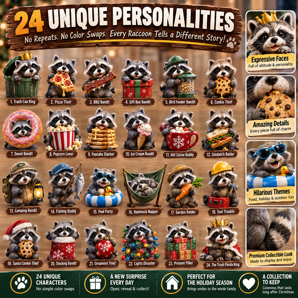 Detailed raccoon characters with playful accessories