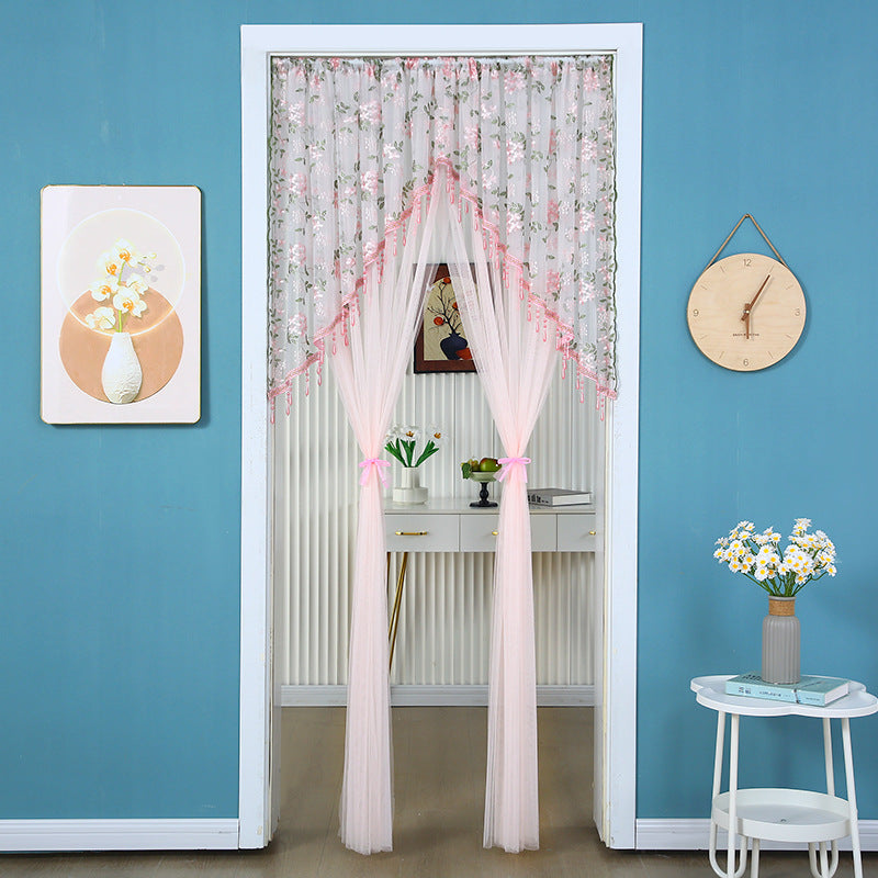 🎀 Extra-Wide Embroidered Beaded Doorway Curtain – Romantic Sheer Tie-Back Divider