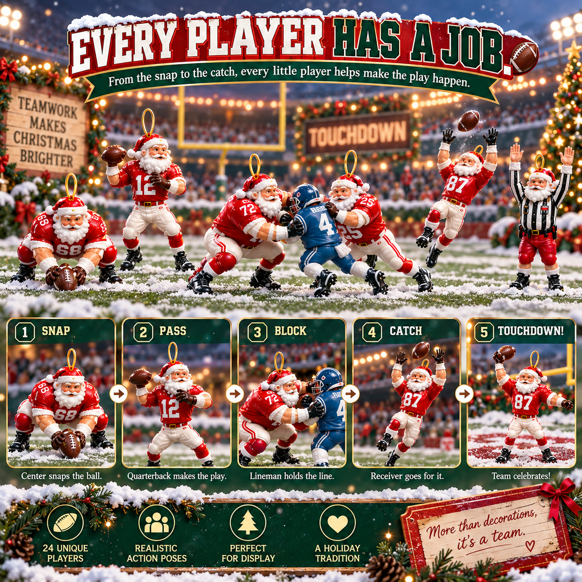 Football-themed Santa designs illustrated in snapping, passing, blocking, catching and touchdown poses.