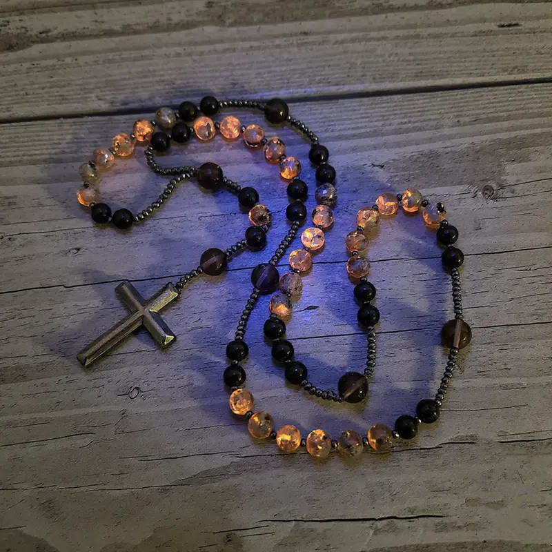 Natural Obsidian Yooperlite RosaryNecklace, UV Reactive EnergyProtection Healing Crystal