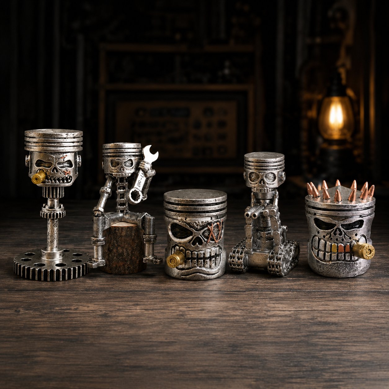 💀 Industrial Mechanical Skull Resin Sculpture – Gear, Wrench & Chain Gothic Décor