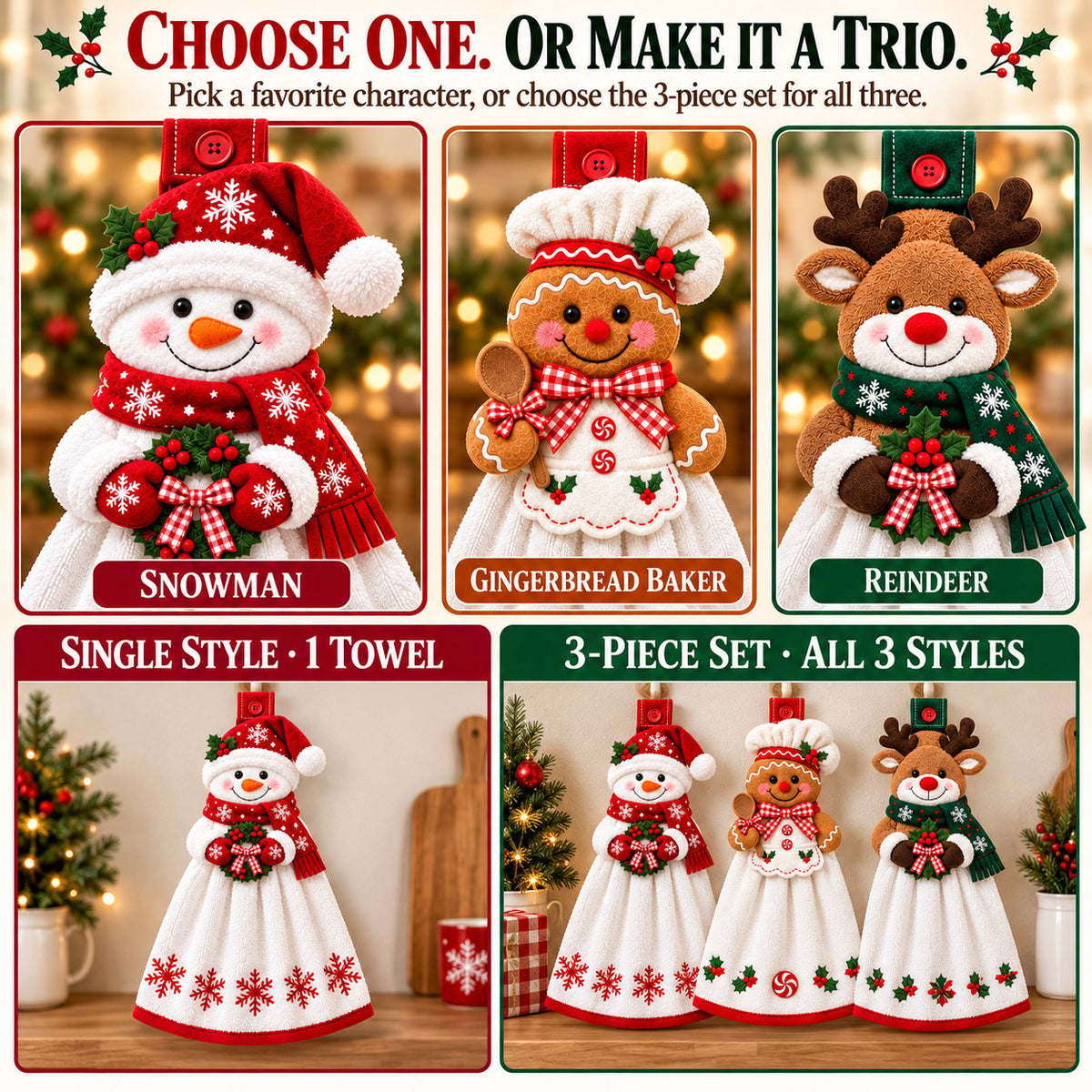 🎄 Christmas Hanging Hand Towel | Button-On Loop Keeps It Within Reach