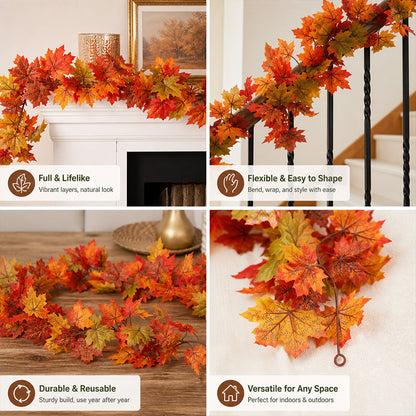 🍁 Autumn Maple Leaf Garland – 175cm Artificial Leaves Decoration for Mantelpiece, Staircase, Door Frame & Table