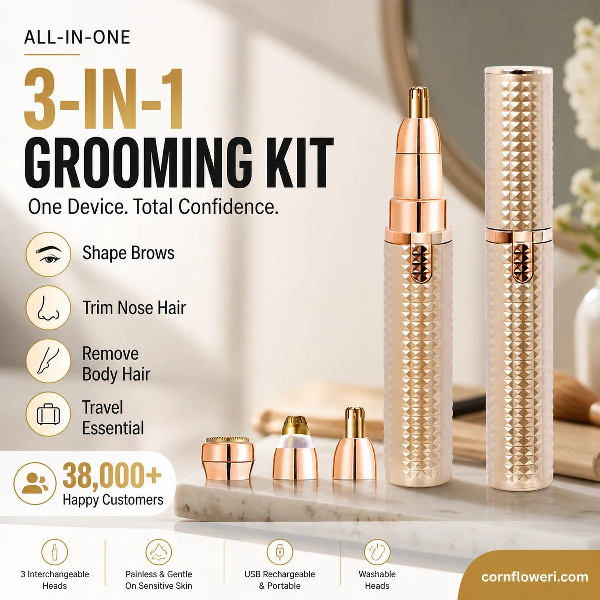 Portable Electric Eyebrow & Facial Trimmer – 3 Interchangeable Heads