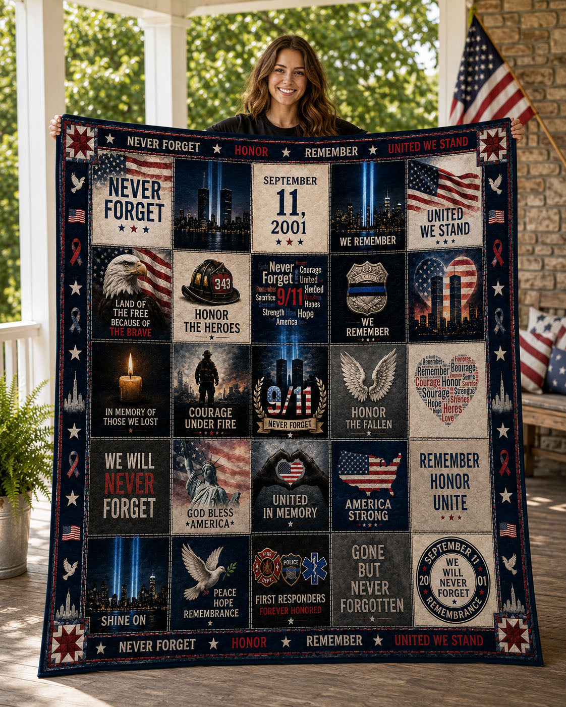September 11 Never Forget Memorial Quilt Blanket – First Responders & Fallen Heroes Remembrance Gift - Fleece Blanket