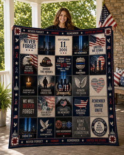 September 11 Never Forget Memorial Quilt Blanket – First Responders & Fallen Heroes Remembrance Gift - Fleece Blanket