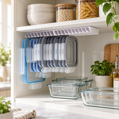 🌿 Zero Clutter: Smart Under-Shelf Lid Holder for 20 Lids
