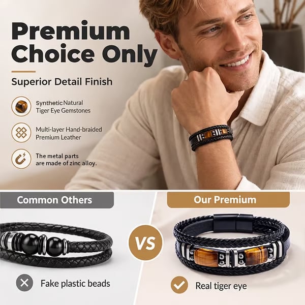 🔥Versatile Vintage Leather Bracelet 📿 Braided Layered Tiger Eye Stone Wristband for Men & Women