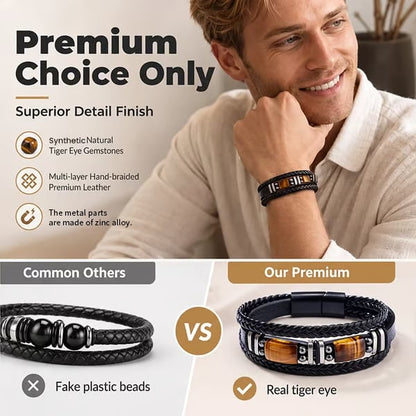 🔥Versatile Vintage Leather Bracelet 📿 Braided Layered Tiger Eye Stone Wristband for Men & Women