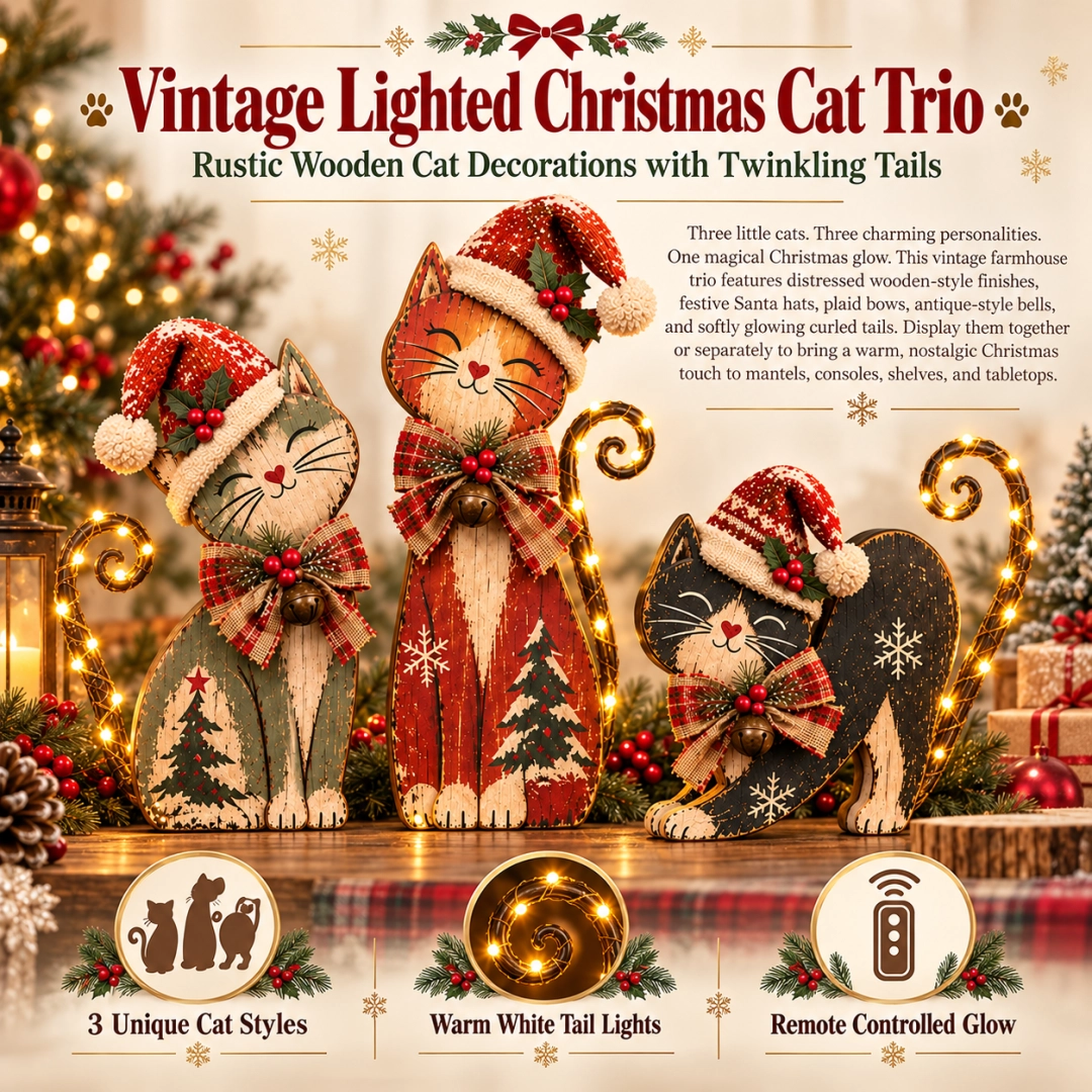 🐱🎄 Vintage Lighted Christmas Cat Trio | Remote Tail Lights