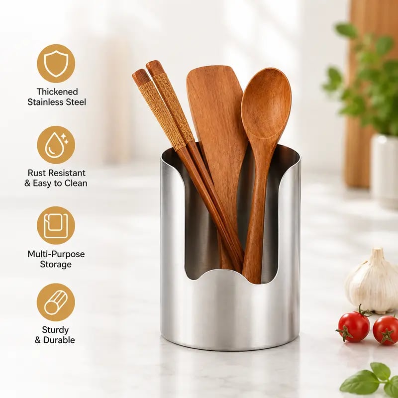 🔥Thickened Multi-Purpose Stainless Steel Utensil Holder – Rust-Resistant, Easy-Wipe Organizer with Anti-Slip Base for Kitchen & Multi-Use Storage.