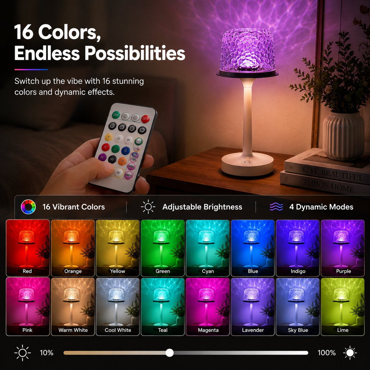 16-Color Water Ripple Projection Table Lamp – Rechargeable Remote & Touch Dimmable Mood Light