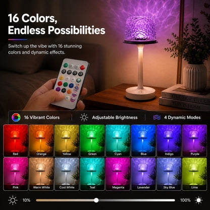16-Color Water Ripple Projection Table Lamp – Rechargeable Remote & Touch Dimmable Mood Light