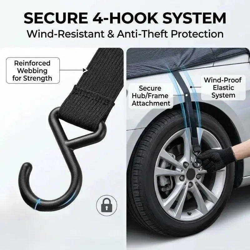 Secure windshield protector hook and elastic attachment system