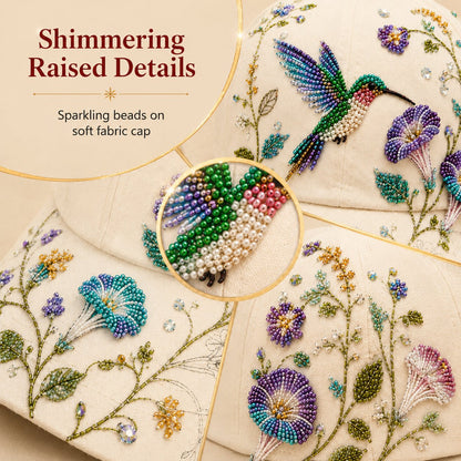 🧢🌸 Premium Hummingbird Garden Beaded Hat DIY Kit | Luxury Flocked Canvas with Scratch-Resistant Non-Fading Pearl Beads DIY Handmade Floral Cap Decor 🌿🪡✨