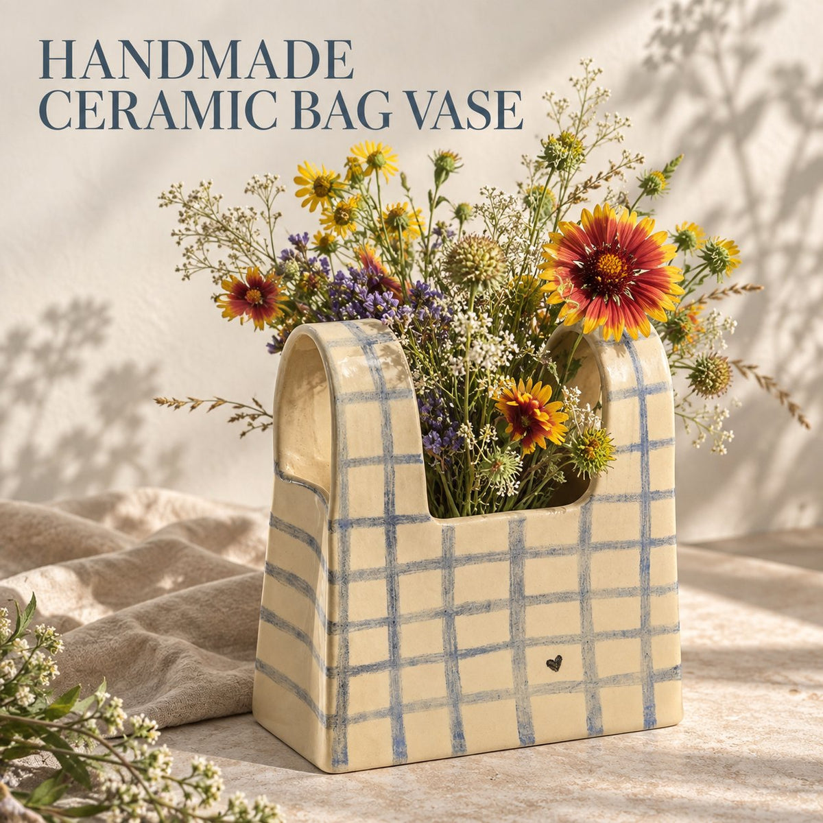 🌼 Handmade Checkered Ceramic Bag Vase