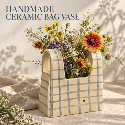 🌼 Handmade Checkered Ceramic Bag Vase