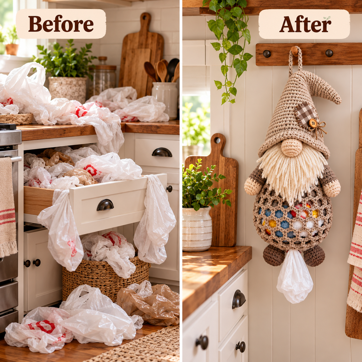 🔥 BUY 3 GET 1 FREE 🔥- 🧶 Gnome Kitchen Keepers | Crochet Bag Holder Collection 🌿