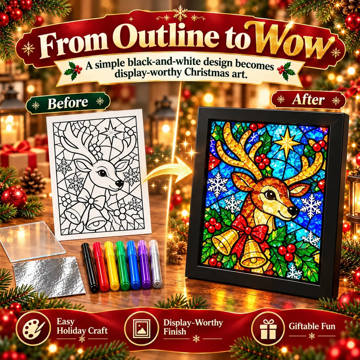 ⏳ Last Day 49% OFF – 🎄Beginner-Friendly Christmas Stained Glass-Style Frame Kit | 8 Festive Designs with Pens, Foil & Frame ✨