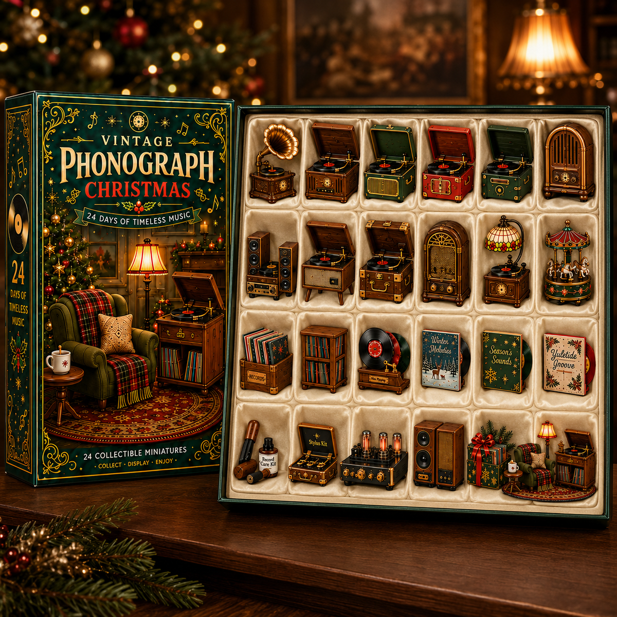 Vintage Phonograph Christmas Advent Calendar 2026 – 24 Days of Timeless Music Collectible Miniatures, Retro Record Player Countdown Gift for Music Lovers