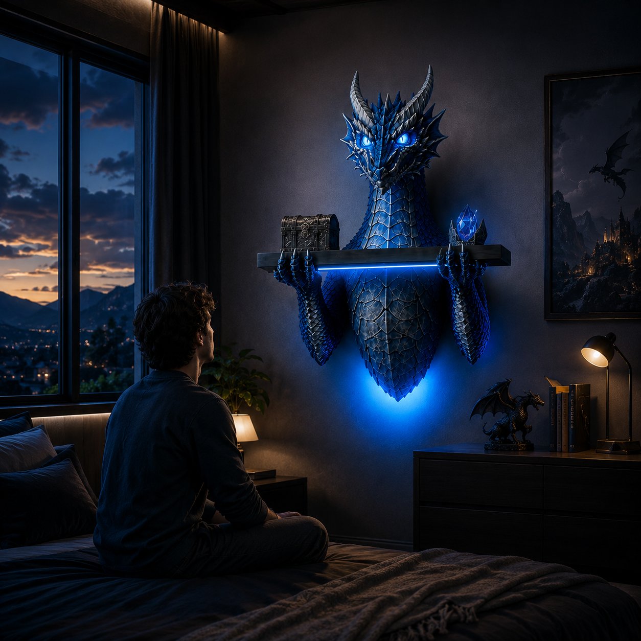 LED Dragon Bust Wall‑Mounted Sculpture Fantasy Themed Wall Decor With Blue Ambient Light For Game Room & Living Space
