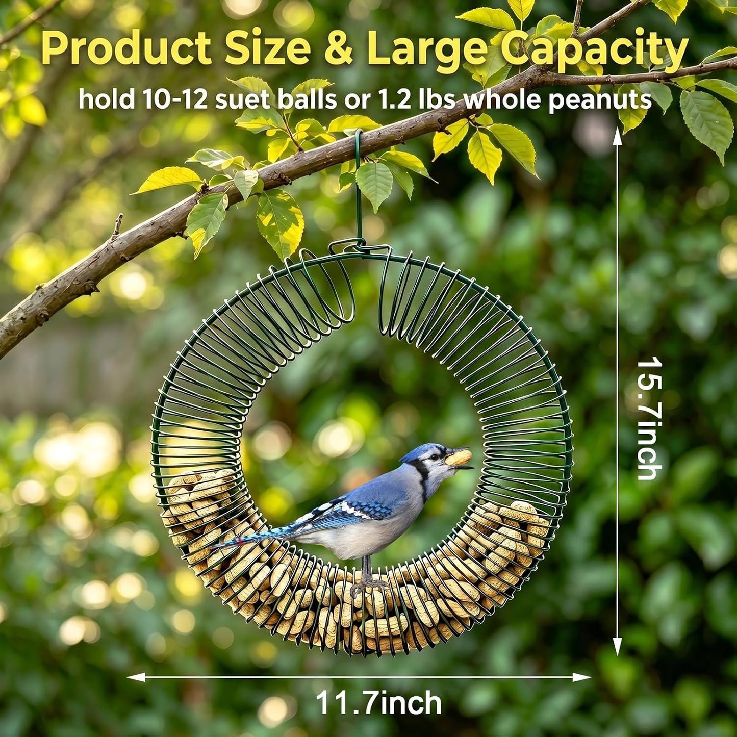 Hanging Peanut Wreath Bird Feeder, Metal Round Feeder for Outdoor Birds & Squirrels Feeding, Whole Peanut Ring Bird Feeder with Hanging Hook, Rustproof & Weatherproof