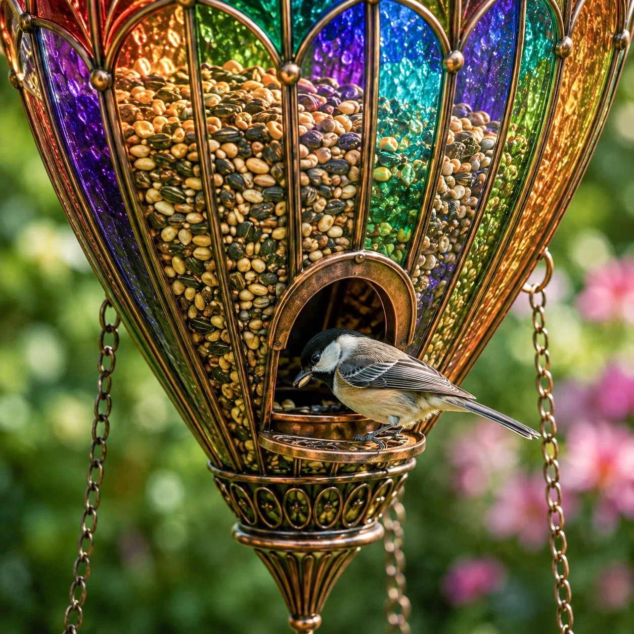 Hot Air Balloon Bird Feeder with Water Tray – Stained-Glass Look Garden Decor