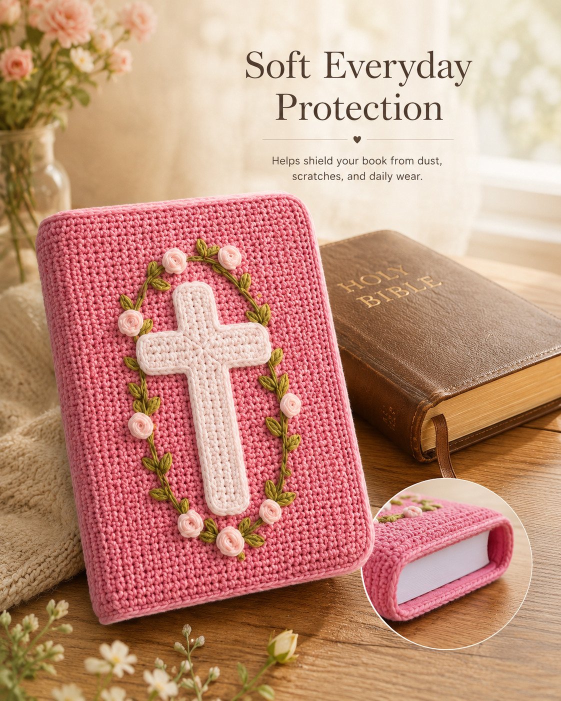 ✝️ Handmade Crochet Bible Cover with Floral Cross | Soft Protective Book Sleeve with Wrap Tie for Bibles, Prayer Books & Christian Gifts 🌸