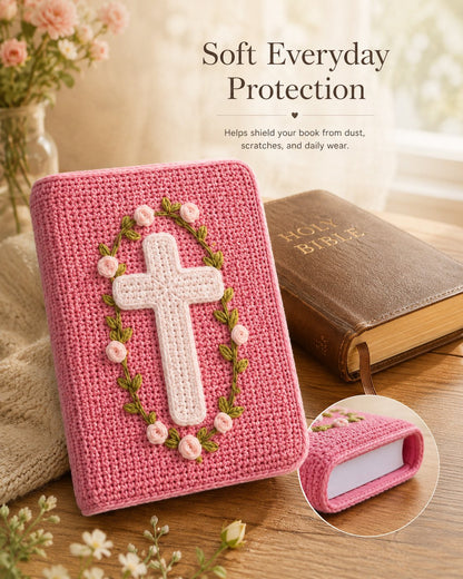 ✝️ Handmade Crochet Bible Cover with Floral Cross | Soft Protective Book Sleeve with Wrap Tie for Bibles, Prayer Books & Christian Gifts 🌸