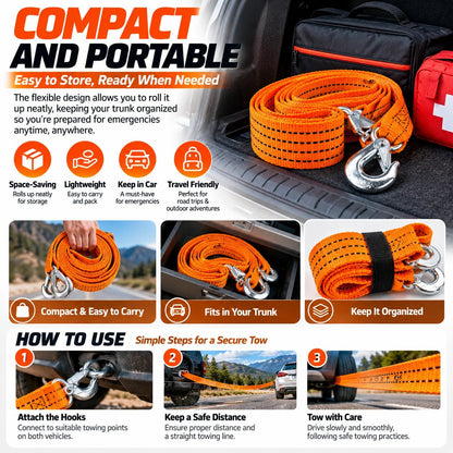 🚗 Heavy-Duty Tow Strap with Metal Hooks – Thickened High-Strength Vehicle Towing Rope
