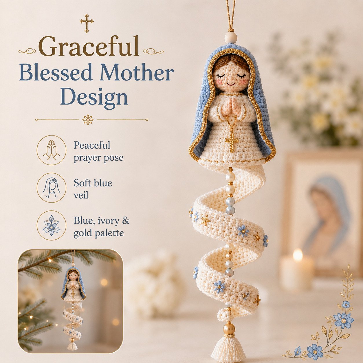 🙏 Handcrafted Crochet Blessed Mother Devotional Spiral Hanging Ornament | Soft Textured Yarn, Plush Filling, Decorative Beads, Golden Cross & Floral Tassel Details 💙✨