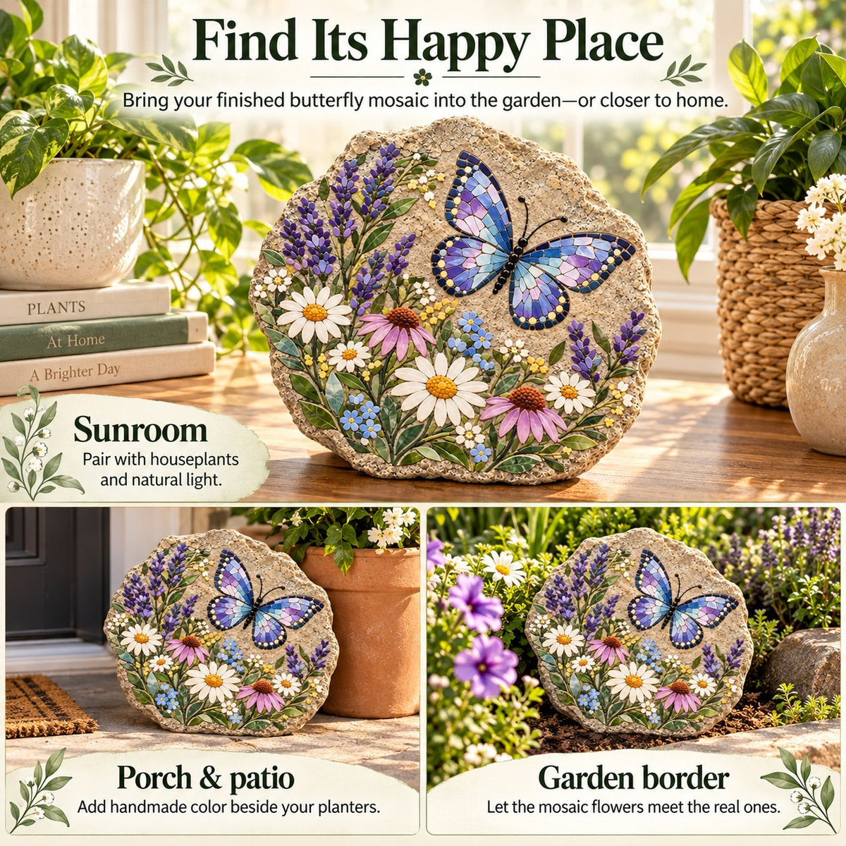 Butterfly mosaic displayed in a sunroom on a porch and in a garden border