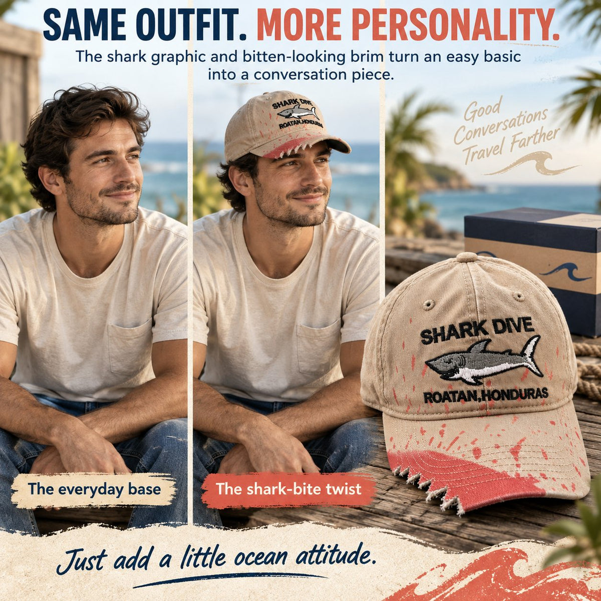🦈 Shark Bite Baseball Cap | Embroidered Shark • Bite-Shaped Frayed Brim