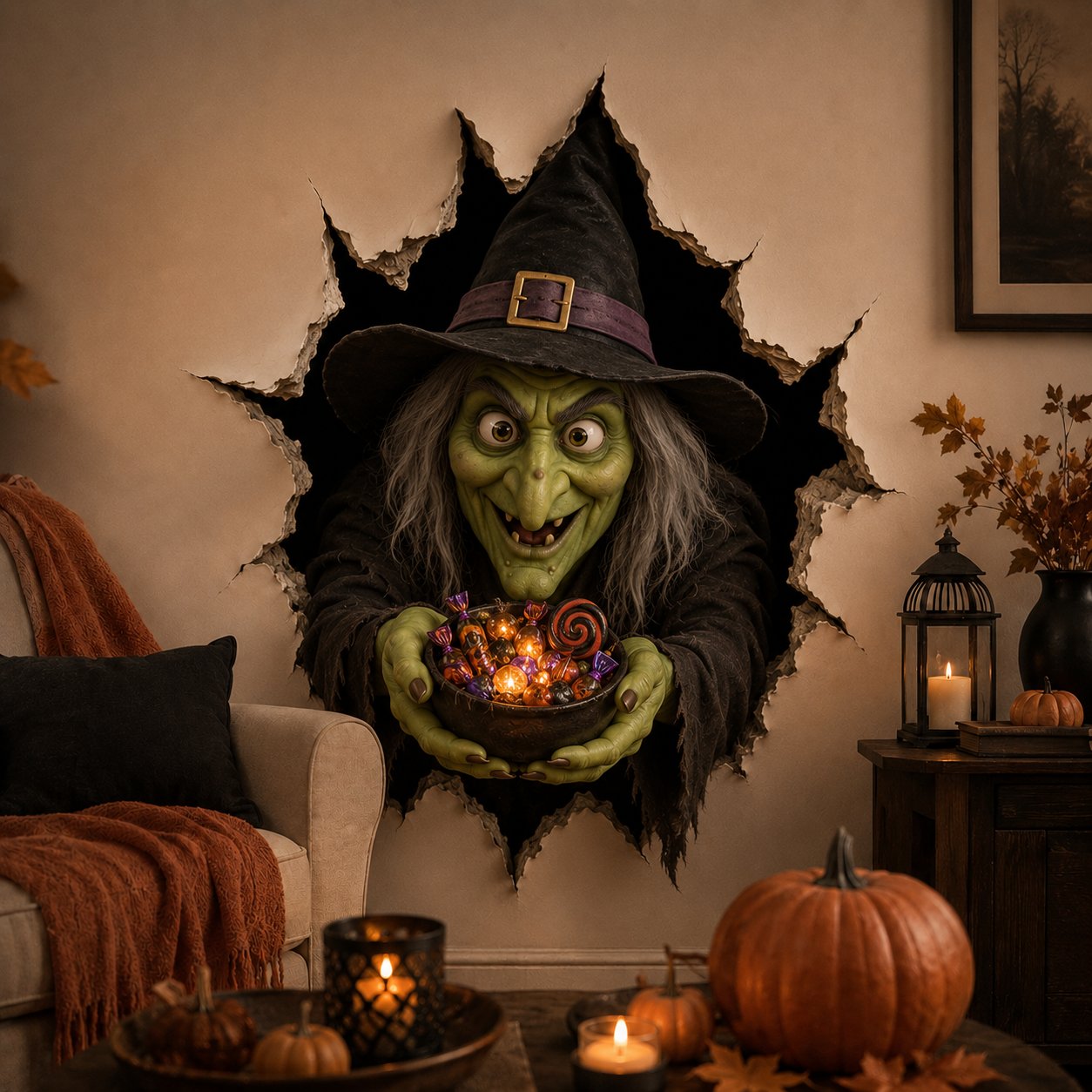 ⏳ Last Day 49% OFF – 🧙‍♀️ Halloween Witch Break-In 3D Wall Decal | Realistic Cracked-Wall Illusion with Reaching Hands, Dramatic Witch Artwork & Easy Peel-and-Stick Design 🎃✨
