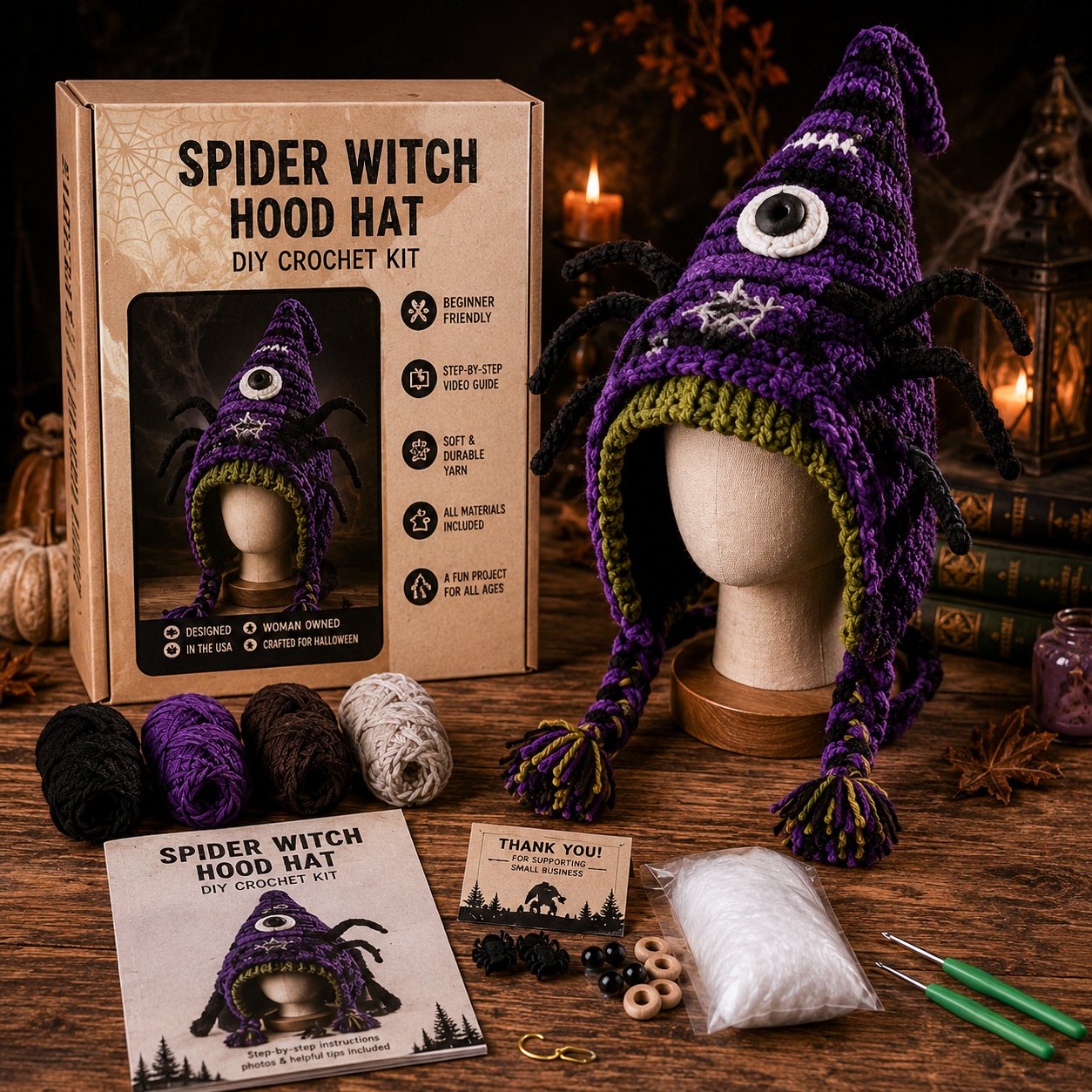 🔥 LAST DAY 49% OFF – 🎃✨ Halloween Hood Hat DIY Crochet Kit | Premium Soft Yarn Materials with Step-by-Step Guide DIY Handmade Wearable Spooky Character Hood 🧶🎭✨