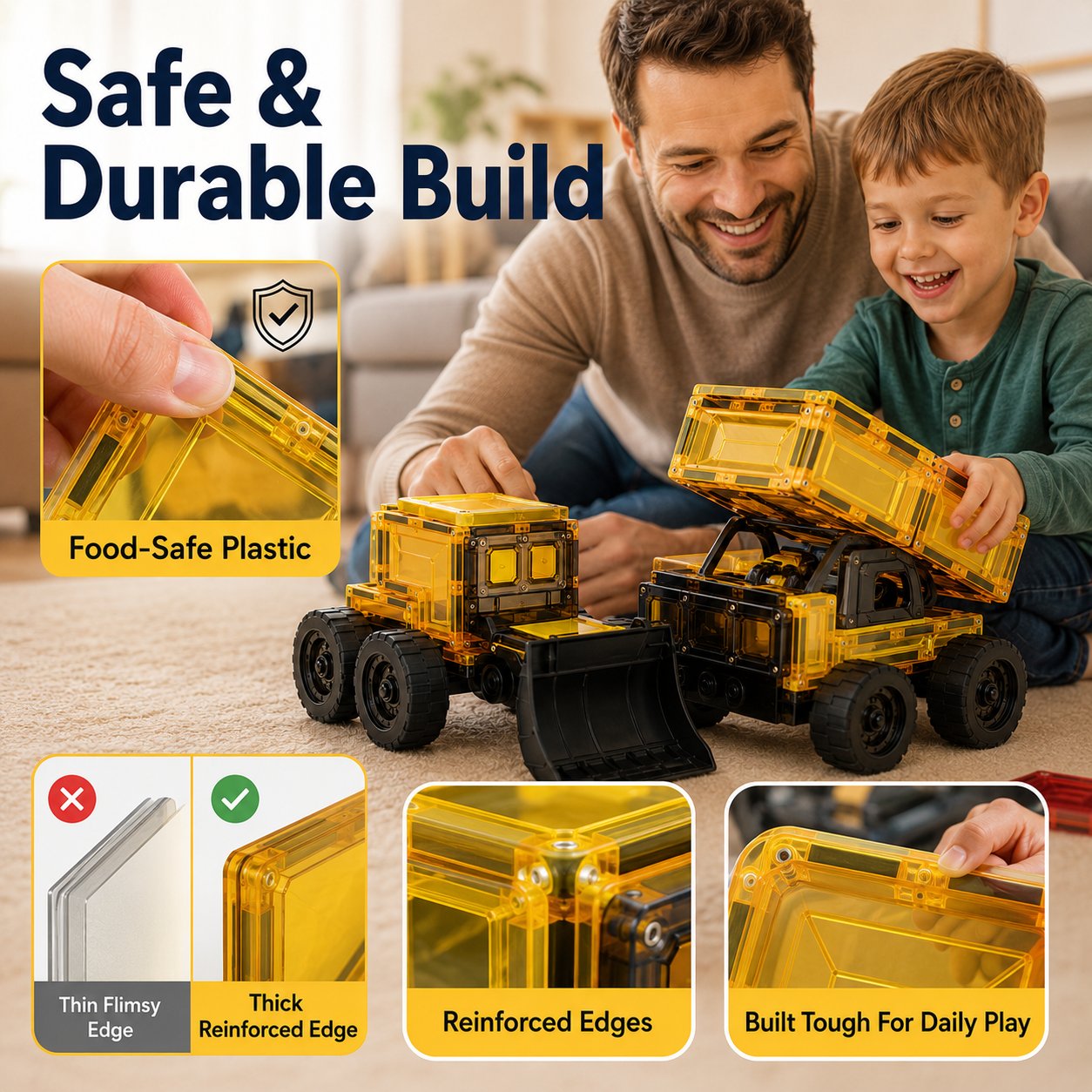 Magnetic Tile Construction Truck Set | Dump Truck & Bulldozer Toy